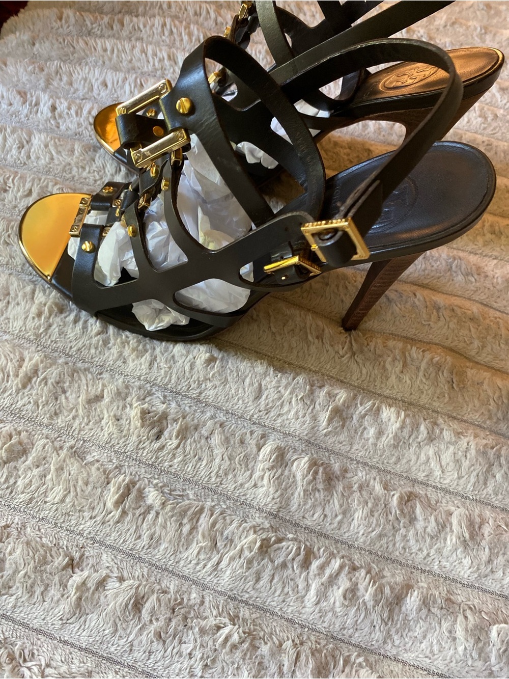 Tory Burch Black Leather Strappy Heels with Gold Hardware - Picture 2 of 6